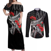 Hawaiian Honu Personalized Couples Matching Off Shoulder Maxi Dress and Long Sleeve Button Shirt Black Tribal Hook Pattern LT9 Black - Polynesian Pride