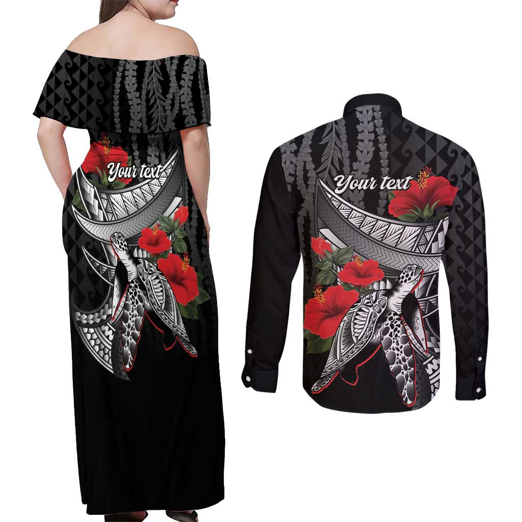 Hawaiian Honu Personalized Couples Matching Off Shoulder Maxi Dress and Long Sleeve Button Shirt Black Tribal Hook Pattern LT9 - Polynesian Pride