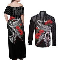 Hawaiian Honu Personalized Couples Matching Off Shoulder Maxi Dress and Long Sleeve Button Shirt Black Tribal Hook Pattern LT9 - Polynesian Pride