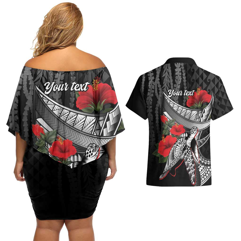 Hawaiian Honu Personalized Couples Matching Off Shoulder Short Dress and Hawaiian Shirt Black Tribal Hook Pattern