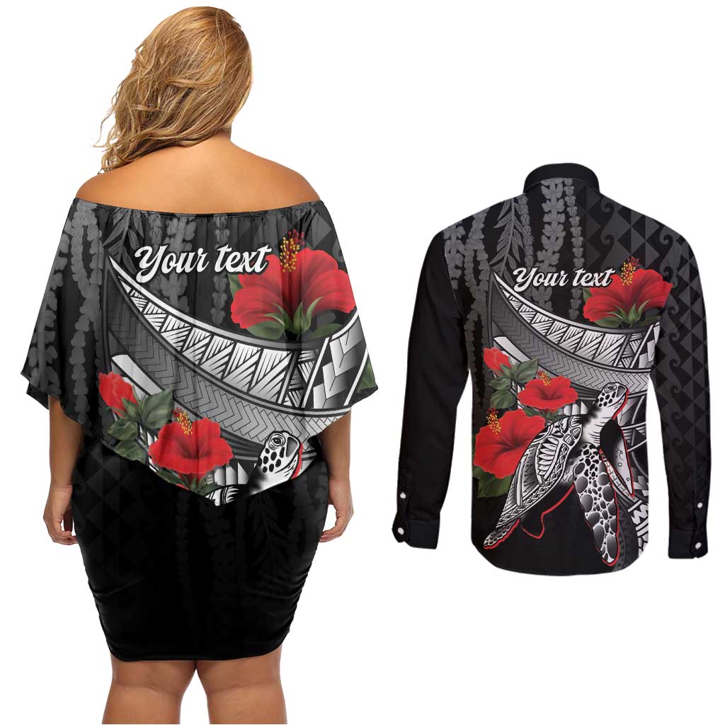 Hawaiian Honu Personalized Couples Matching Off Shoulder Short Dress and Long Sleeve Button Shirt Black Tribal Hook Pattern LT9 - Polynesian Pride