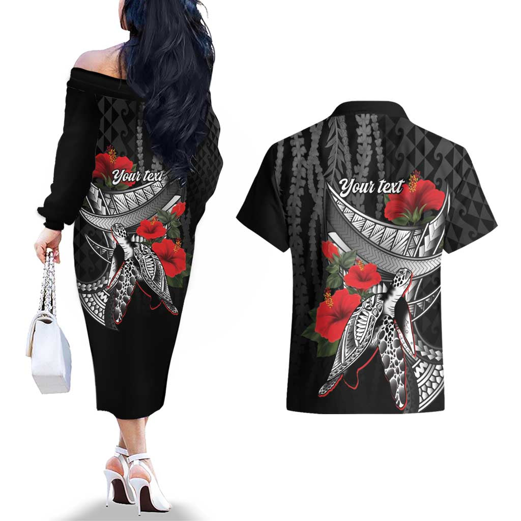 Hawaiian Honu Personalized Couples Matching Off The Shoulder Long Sleeve Dress and Hawaiian Shirt Black Tribal Hook Pattern LT9 - Polynesian Pride