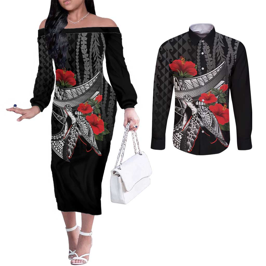 Hawaiian Honu Personalized Couples Matching Off The Shoulder Long Sleeve Dress and Long Sleeve Button Shirt Black Tribal Hook Pattern LT9 Black - Polynesian Pride