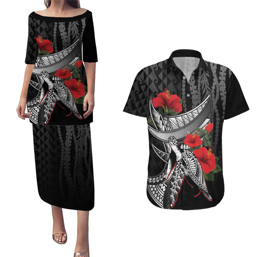 Hawaiian Honu Personalized Couples Matching Puletasi and Hawaiian Shirt Black Tribal Hook Pattern LT9 Black - Polynesian Pride