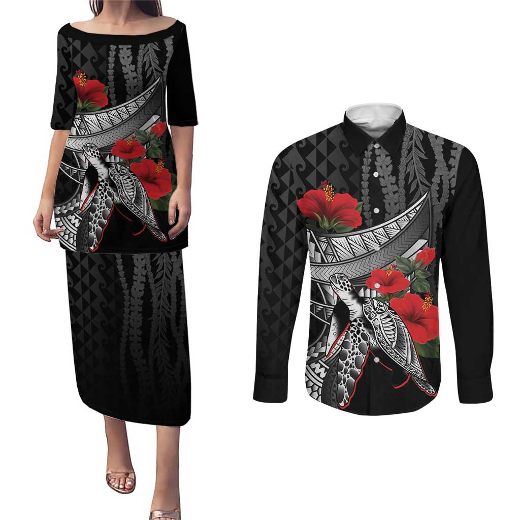 Hawaiian Honu Personalized Couples Matching Puletasi and Long Sleeve Button Shirt Black Tribal Hook Pattern LT9 Black - Polynesian Pride
