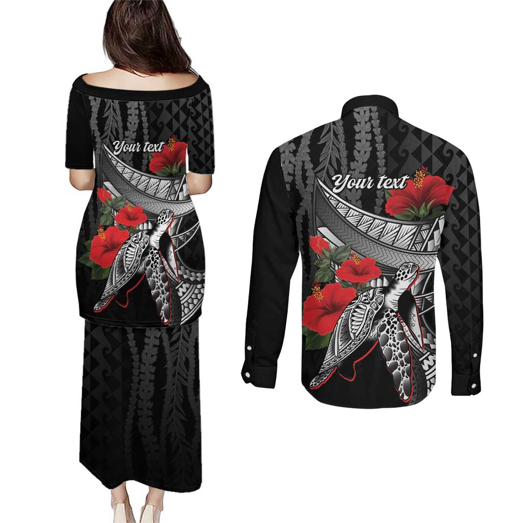 Hawaiian Honu Personalized Couples Matching Puletasi and Long Sleeve Button Shirt Black Tribal Hook Pattern LT9 - Polynesian Pride