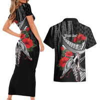Hawaiian Honu Personalized Couples Matching Short Sleeve Bodycon Dress and Hawaiian Shirt Black Tribal Hook Pattern LT9 - Polynesian Pride