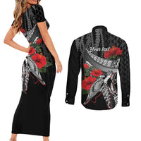 Hawaiian Honu Personalized Couples Matching Short Sleeve Bodycon Dress and Long Sleeve Button Shirt Black Tribal Hook Pattern LT9 - Polynesian Pride