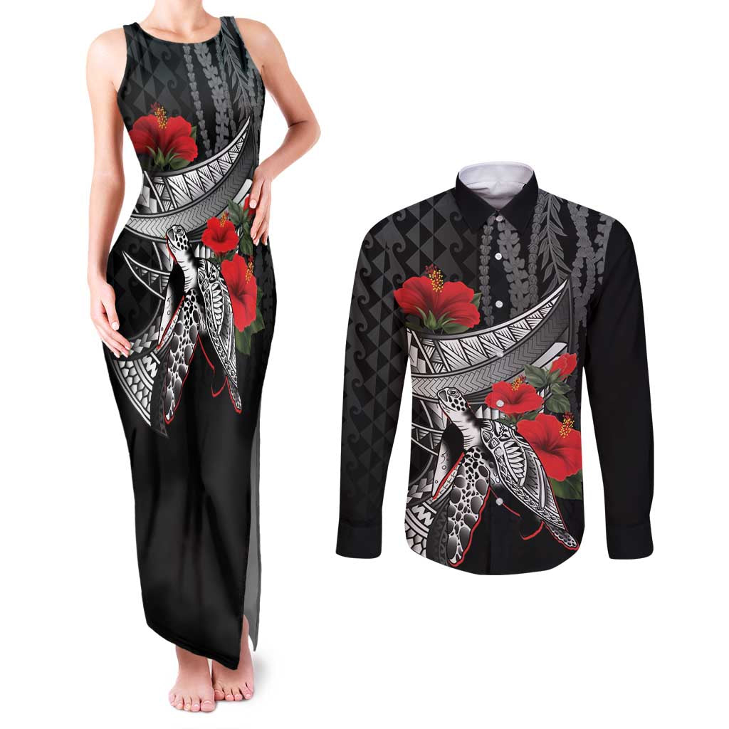 Hawaiian Honu Personalized Couples Matching Tank Maxi Dress and Long Sleeve Button Shirt Black Tribal Hook Pattern LT9 Black - Polynesian Pride