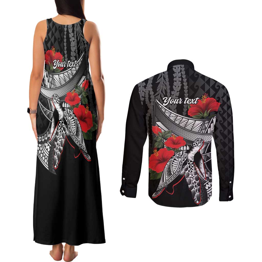 Hawaiian Honu Personalized Couples Matching Tank Maxi Dress and Long Sleeve Button Shirt Black Tribal Hook Pattern LT9 - Polynesian Pride