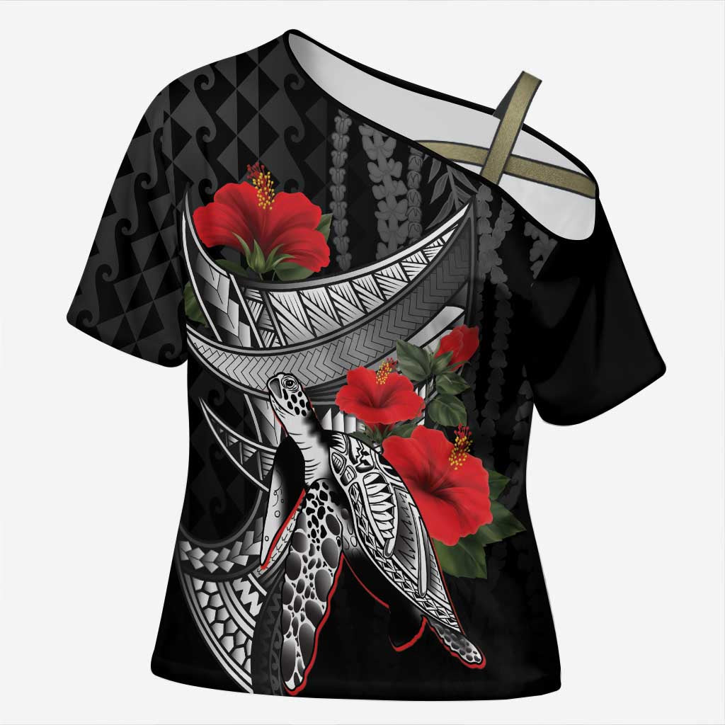 Hawaiian Honu Personalized Cross Shoulder Shirt Black Tribal Hook Pattern LT9 Female Black - Polynesian Pride