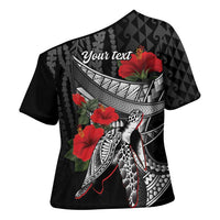 Hawaiian Honu Personalized Cross Shoulder Shirt Black Tribal Hook Pattern LT9 - Polynesian Pride