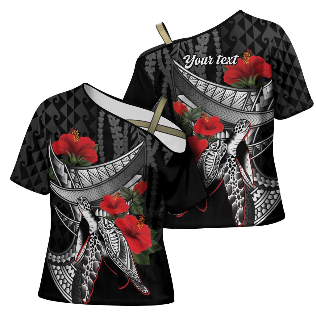 Hawaiian Honu Personalized Cross Shoulder Shirt Black Tribal Hook Pattern LT9 - Polynesian Pride