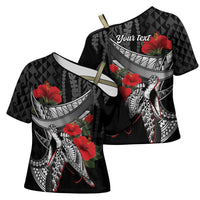 Hawaiian Honu Personalized Cross Shoulder Shirt Black Tribal Hook Pattern LT9 - Polynesian Pride