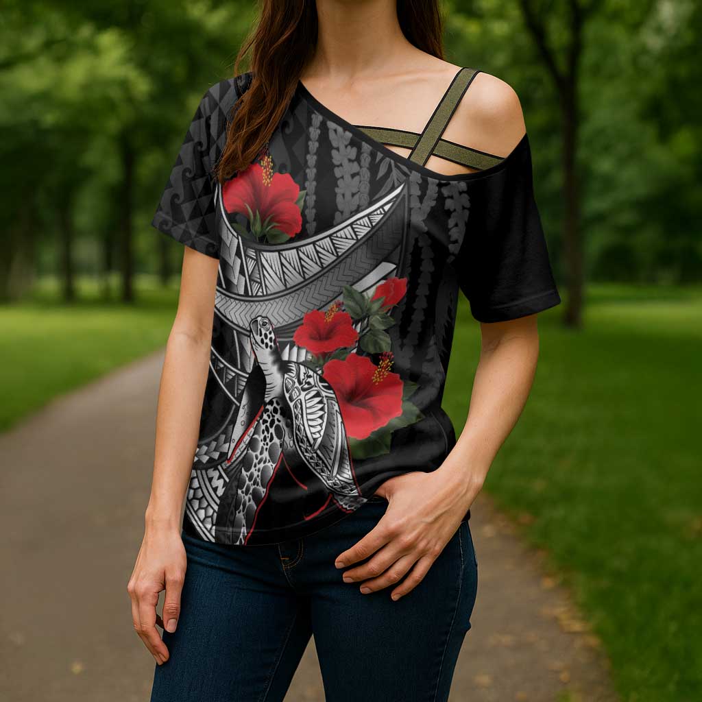 Hawaiian Honu Personalized Cross Shoulder Shirt Black Tribal Hook Pattern LT9 - Polynesian Pride