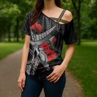 Hawaiian Honu Personalized Cross Shoulder Shirt Black Tribal Hook Pattern LT9 - Polynesian Pride