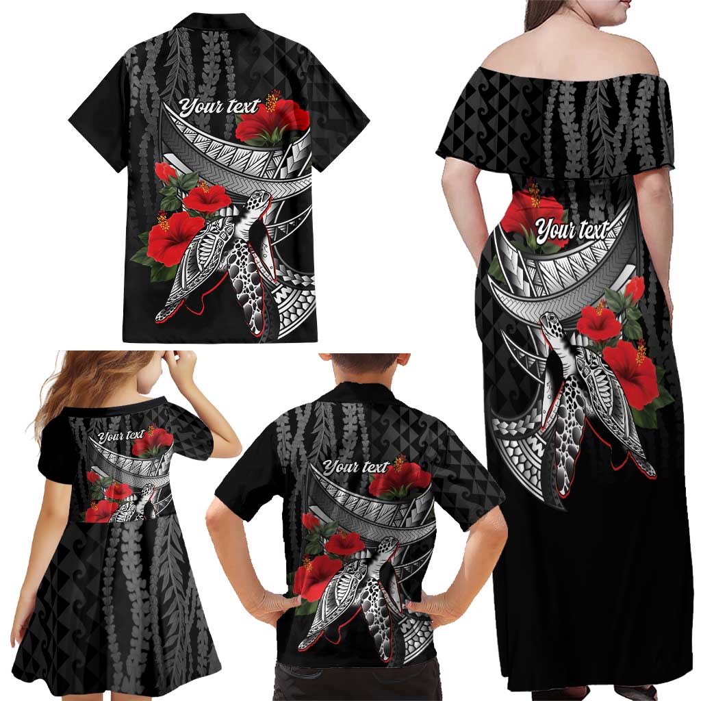 Hawaiian Honu Personalized Family Matching Off Shoulder Maxi Dress and Hawaiian Shirt Black Tribal Hook Pattern LT9 - Polynesian Pride