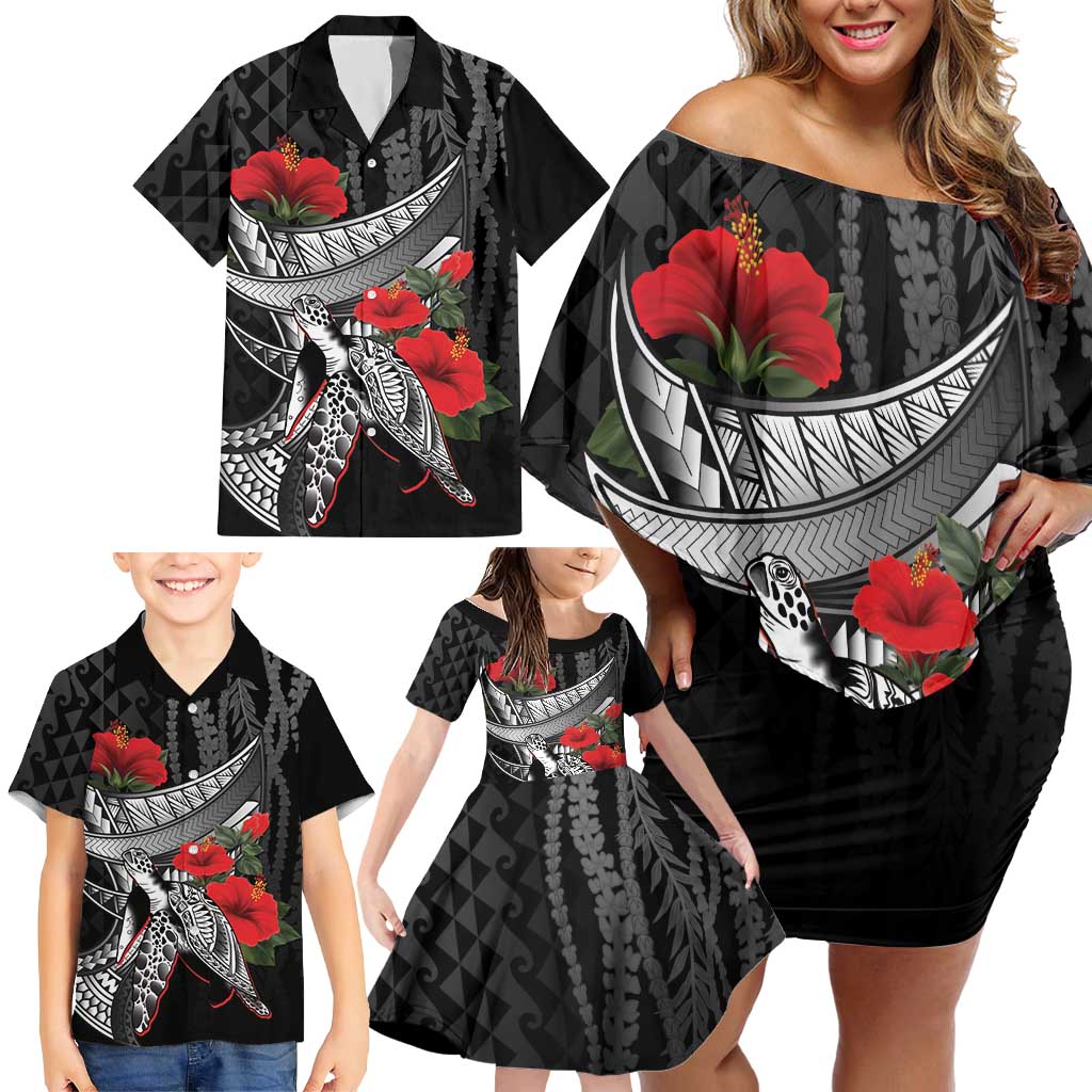 Hawaiian Honu Personalized Family Matching Off Shoulder Short Dress and Hawaiian Shirt Black Tribal Hook Pattern LT9 - Polynesian Pride