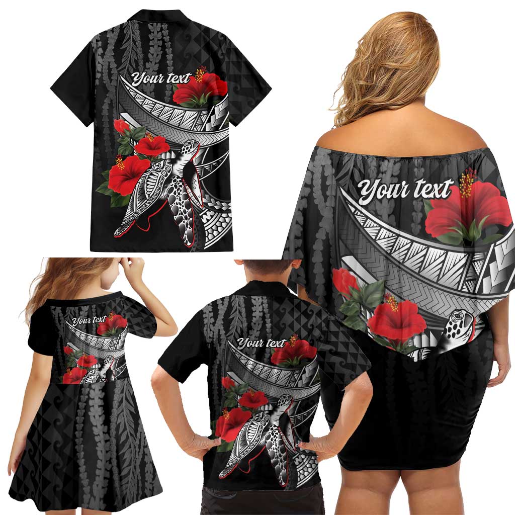 Hawaiian Honu Personalized Family Matching Off Shoulder Short Dress and Hawaiian Shirt Black Tribal Hook Pattern LT9 - Polynesian Pride