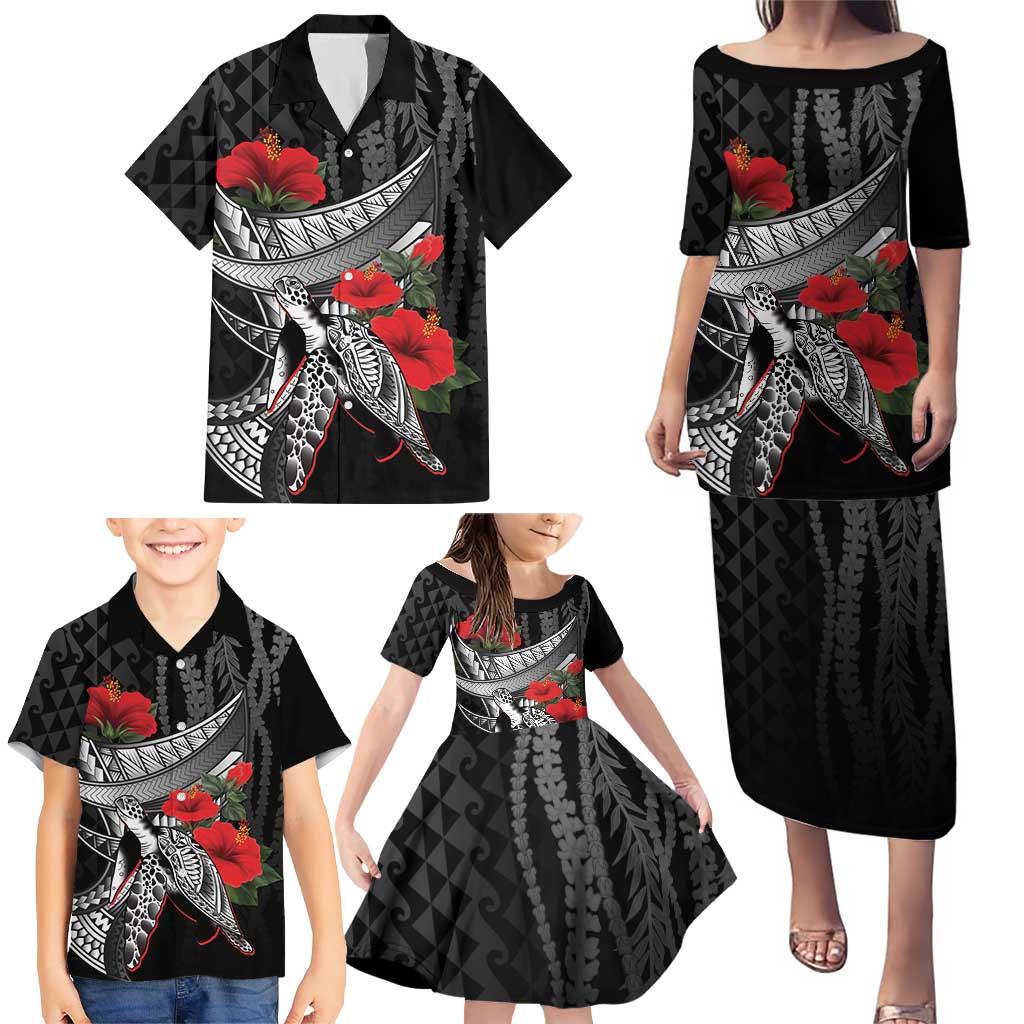 Hawaiian Honu Personalized Family Matching Puletasi and Hawaiian Shirt Black Tribal Hook Pattern LT9 - Polynesian Pride