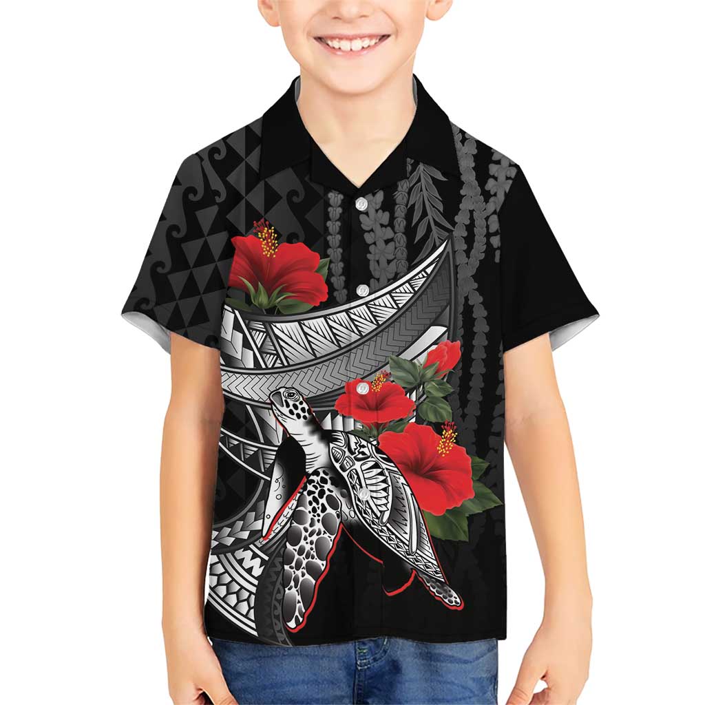 Hawaiian Honu Personalized Family Matching Puletasi and Hawaiian Shirt Black Tribal Hook Pattern LT9 Son's Shirt Black - Polynesian Pride