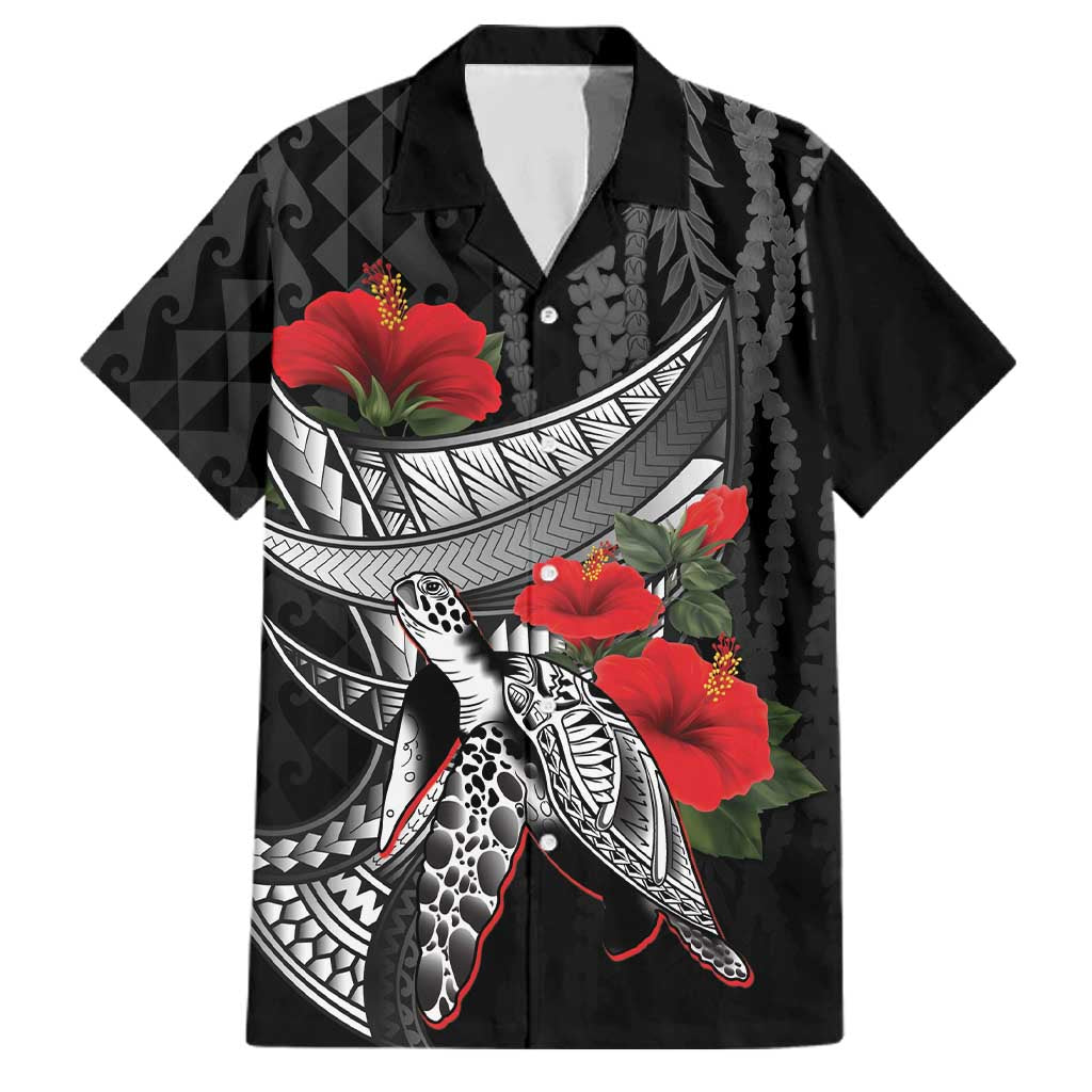 Hawaiian Honu Personalized Family Matching Short Sleeve Bodycon Dress and Hawaiian Shirt Black Tribal Hook Pattern LT9 Dad's Shirt - Short Sleeve Black - Polynesian Pride