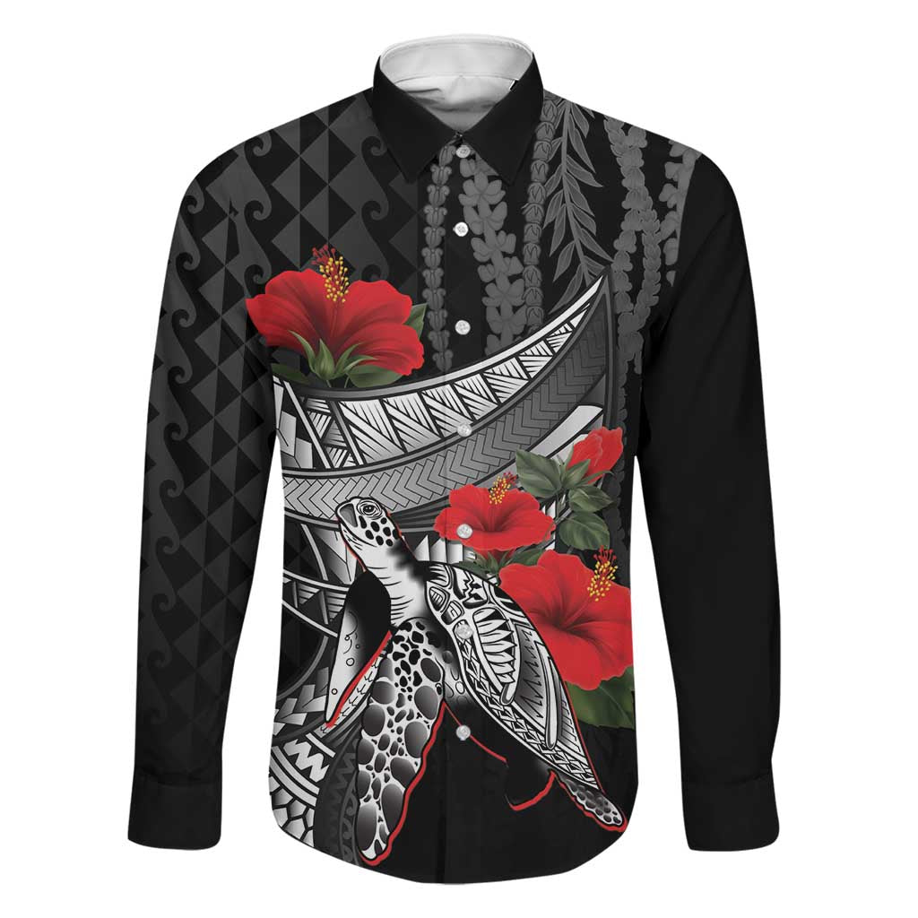 Hawaiian Honu Personalized Family Matching Short Sleeve Bodycon Dress and Hawaiian Shirt Black Tribal Hook Pattern LT9 Dad's Shirt - Long Sleeve Black - Polynesian Pride