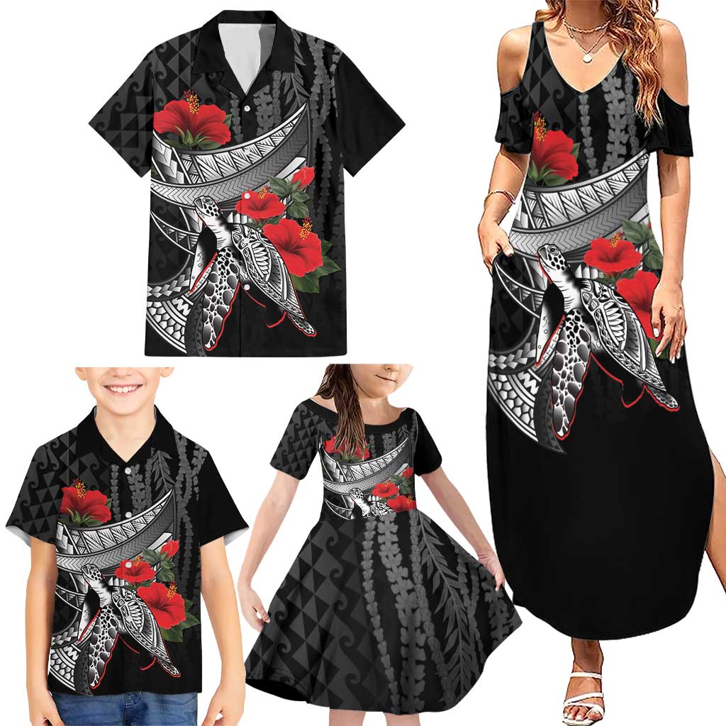 Hawaiian Honu Personalized Family Matching Summer Maxi Dress and Hawaiian Shirt Black Tribal Hook Pattern LT9 - Polynesian Pride
