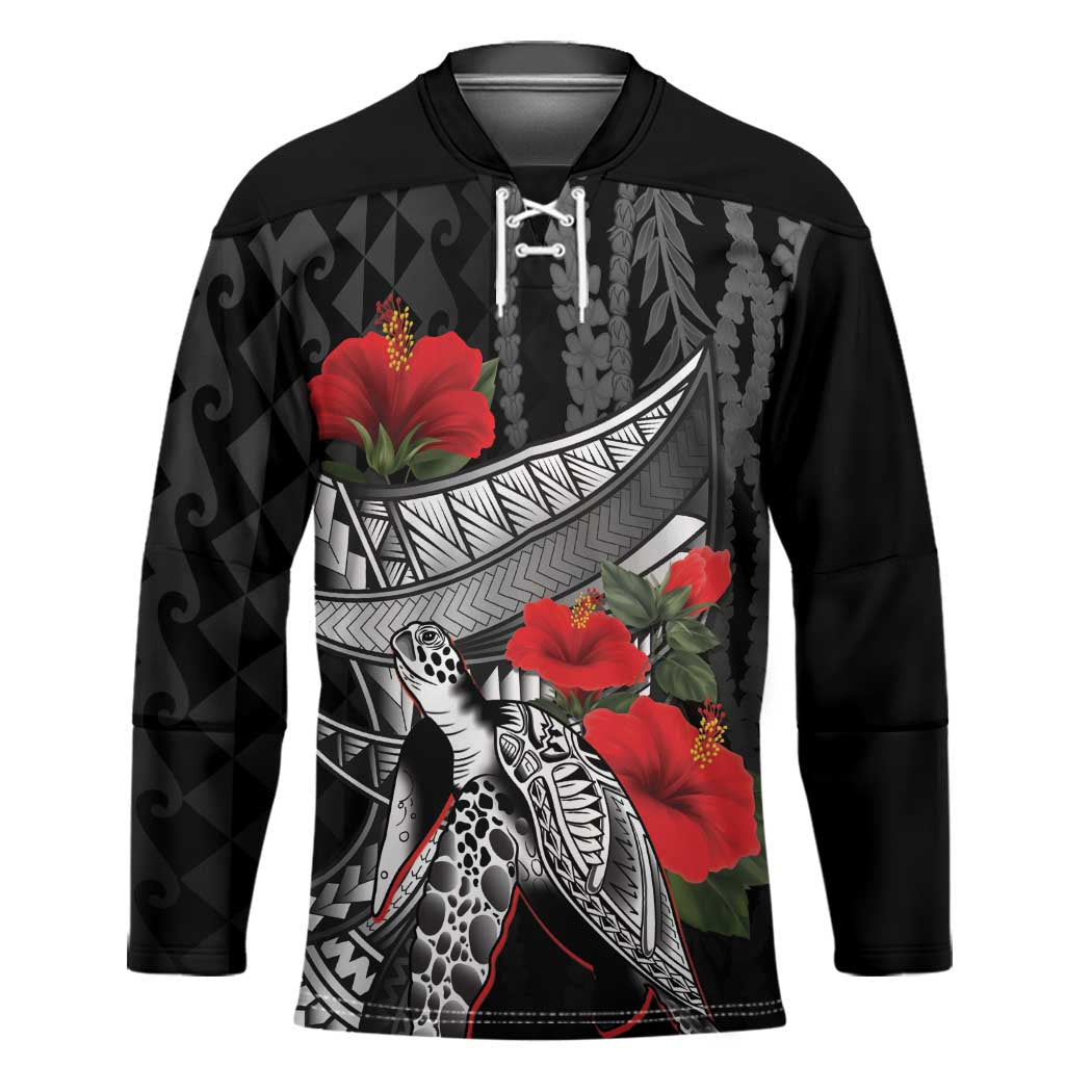 Hawaiian Honu Personalized Hockey Jersey Black Tribal Hook Pattern LT9 Unisex Black - Polynesian Pride