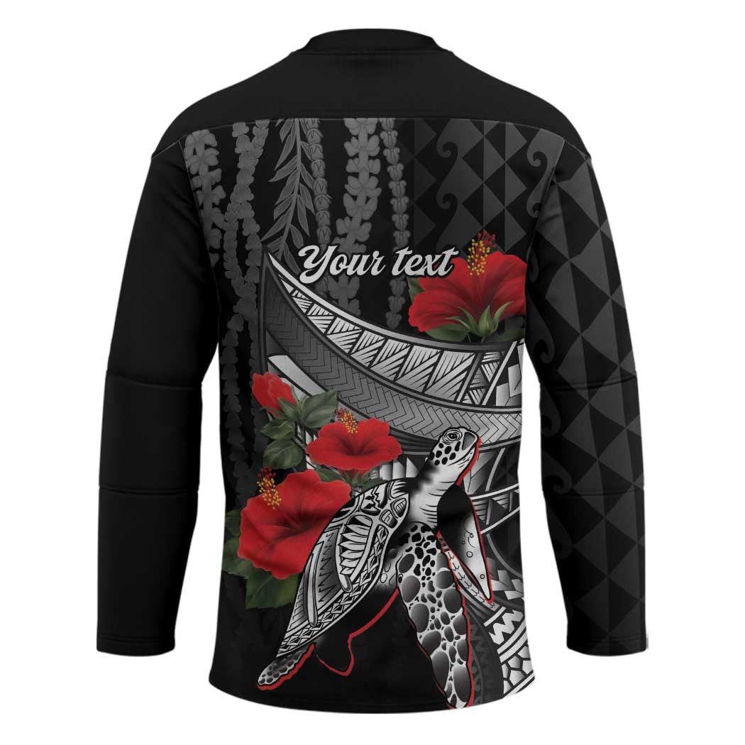 Hawaiian Honu Personalized Hockey Jersey Black Tribal Hook Pattern LT9 - Polynesian Pride