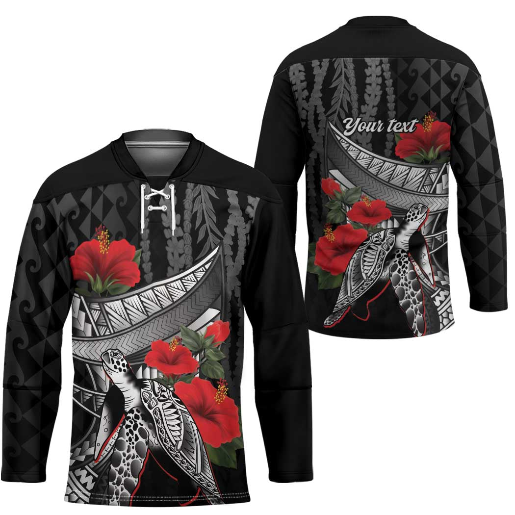 Hawaiian Honu Personalized Hockey Jersey Black Tribal Hook Pattern LT9 - Polynesian Pride