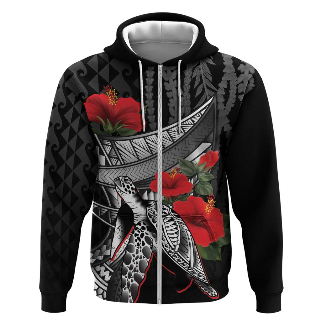Hawaiian Honu Personalized Hoodie Black Tribal Hook Pattern LT9 Zip Hoodie Black - Polynesian Pride