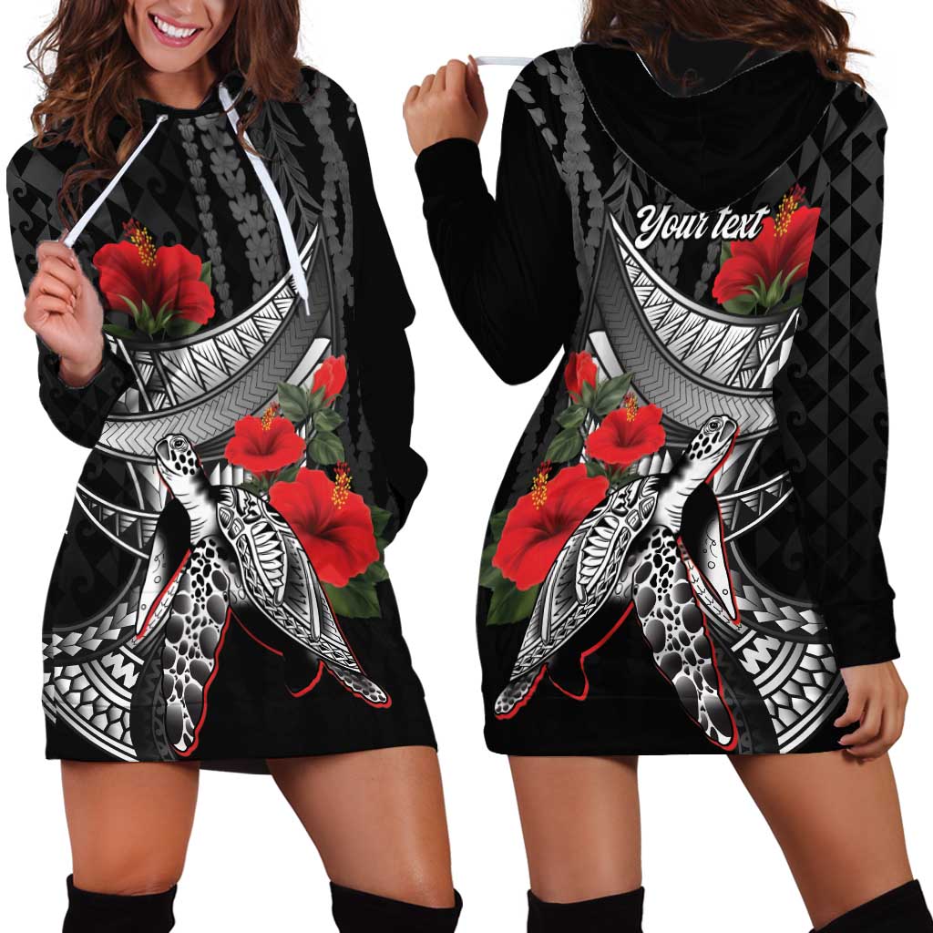 Hawaiian Honu Personalized Hoodie Dress Black Tribal Hook Pattern LT9 - Polynesian Pride