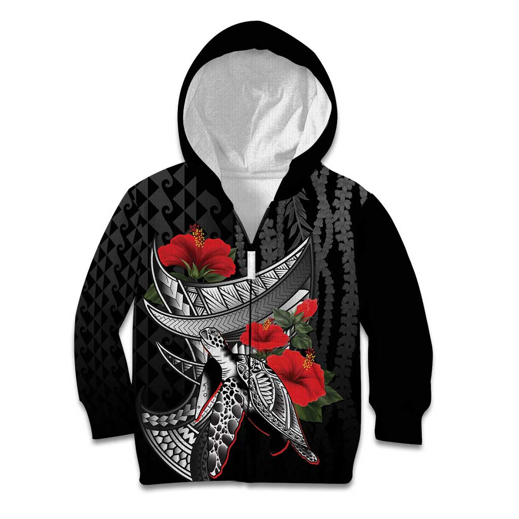 Hawaiian Honu Personalized Kid Hoodie Black Tribal Hook Pattern LT9 Zip Hoodie Black - Polynesian Pride