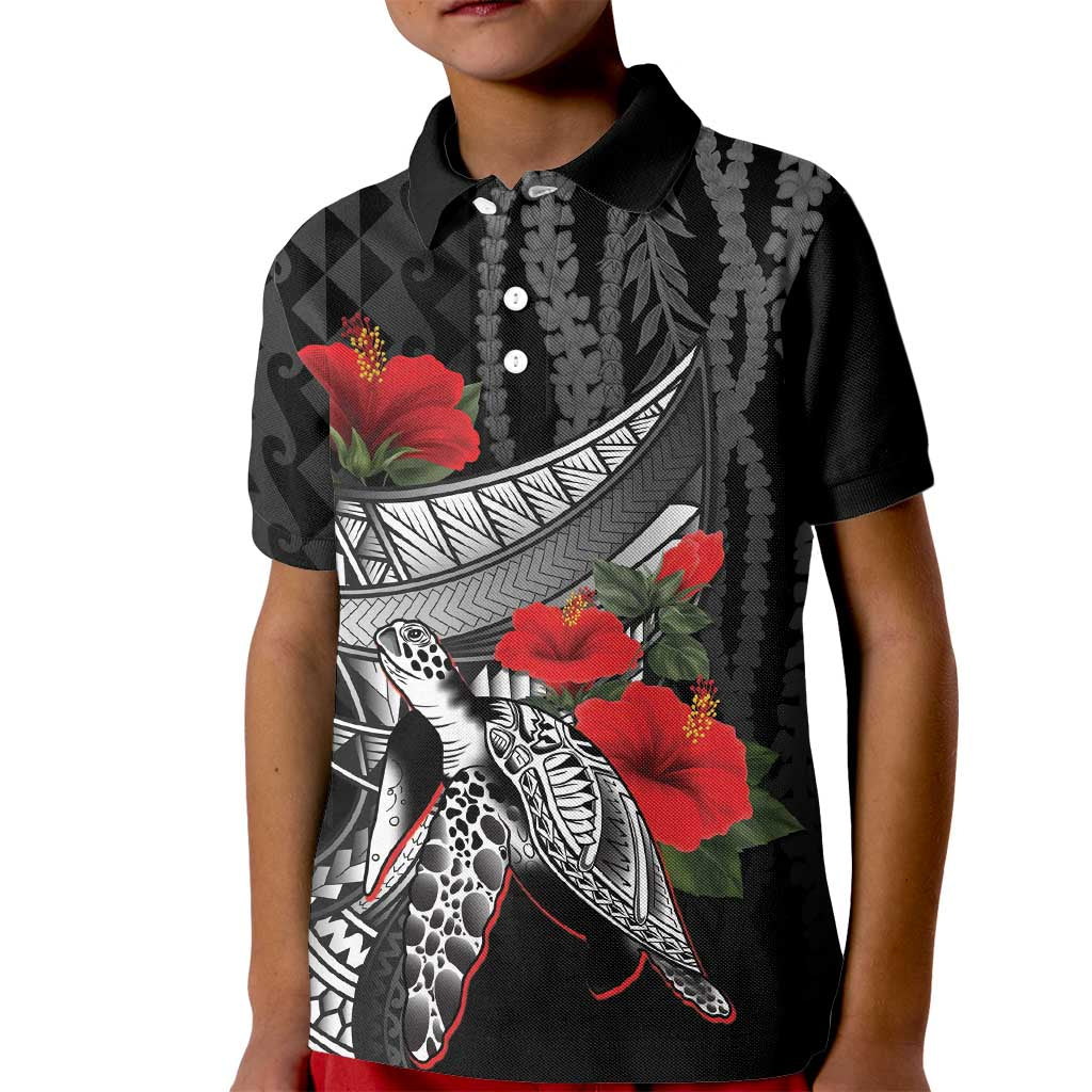 Hawaiian Honu Personalized Kid Polo Shirt Black Tribal Hook Pattern LT9 Kid Black - Polynesian Pride