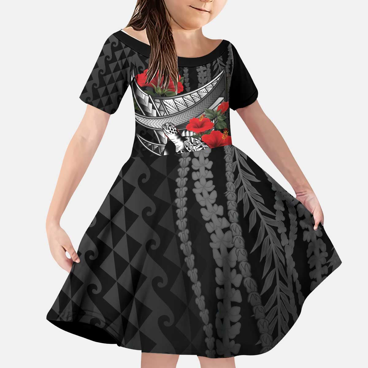 Hawaiian Honu Personalized Kid Short Sleeve Dress Black Tribal Hook Pattern LT9 KID Black - Polynesian Pride