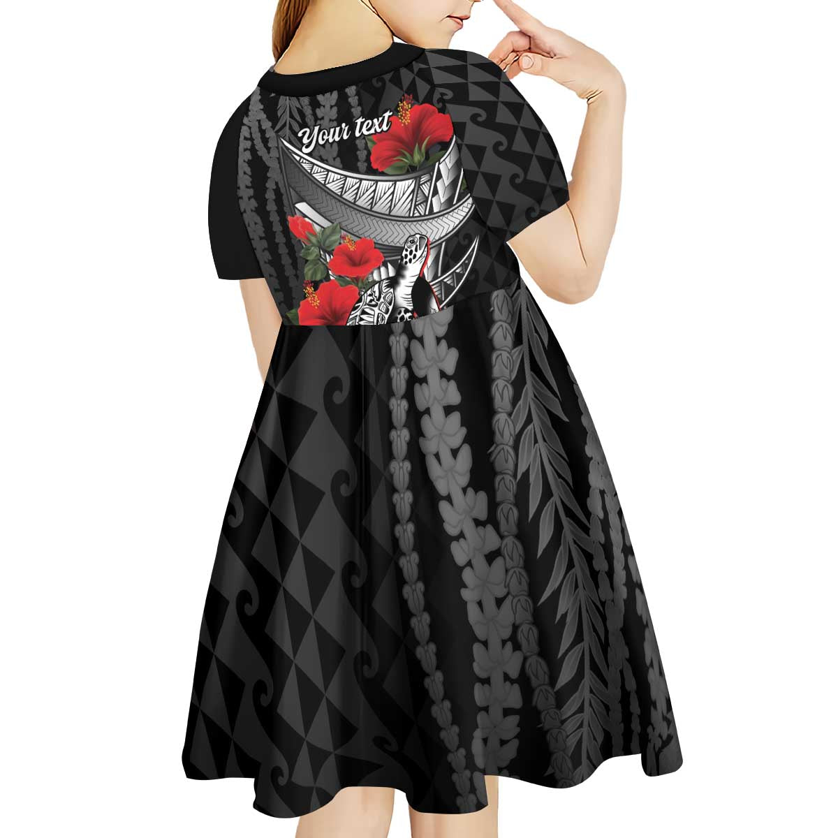 Hawaiian Honu Personalized Kid Short Sleeve Dress Black Tribal Hook Pattern LT9 - Polynesian Pride