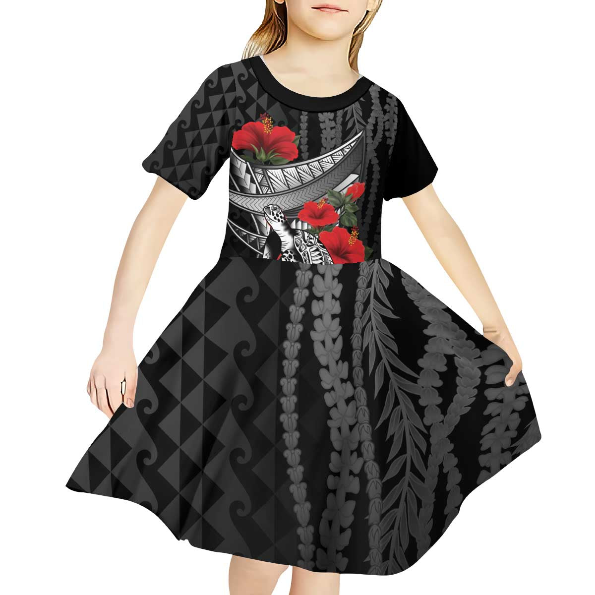 Hawaiian Honu Personalized Kid Short Sleeve Dress Black Tribal Hook Pattern LT9 - Polynesian Pride
