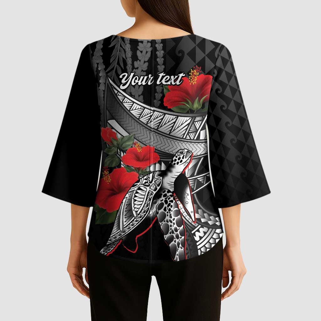 Hawaiian Honu Personalized Kimono Sleeve Blouse Black Tribal Hook Pattern LT9 - Polynesian Pride
