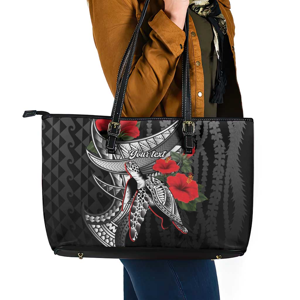 Hawaiian Honu Personalized Leather Tote Bag Black Tribal Hook Pattern LT9 - Polynesian Pride