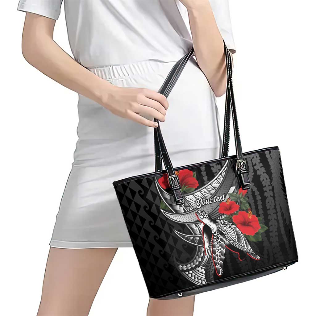 Hawaiian Honu Personalized Leather Tote Bag Black Tribal Hook Pattern LT9 - Polynesian Pride