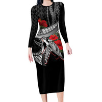 Hawaiian Honu Personalized Long Sleeve Bodycon Dress Black Tribal Hook Pattern LT9 Long Dress Black - Polynesian Pride