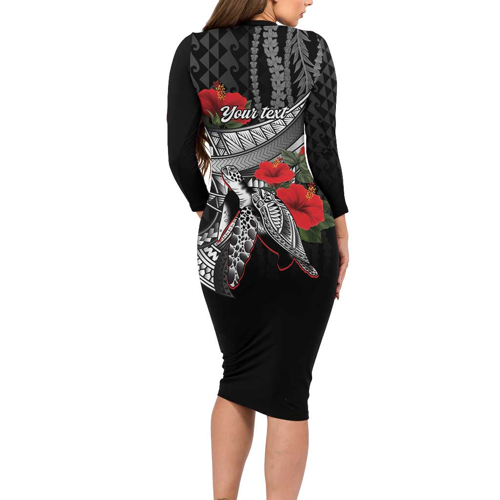 Hawaiian Honu Personalized Long Sleeve Bodycon Dress Black Tribal Hook Pattern LT9 - Polynesian Pride