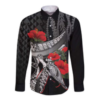 Hawaiian Honu Personalized Long Sleeve Button Shirt Black Tribal Hook Pattern LT9 Unisex Black - Polynesian Pride