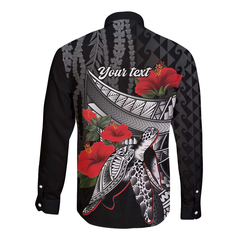 Hawaiian Honu Personalized Long Sleeve Button Shirt Black Tribal Hook Pattern LT9 - Polynesian Pride