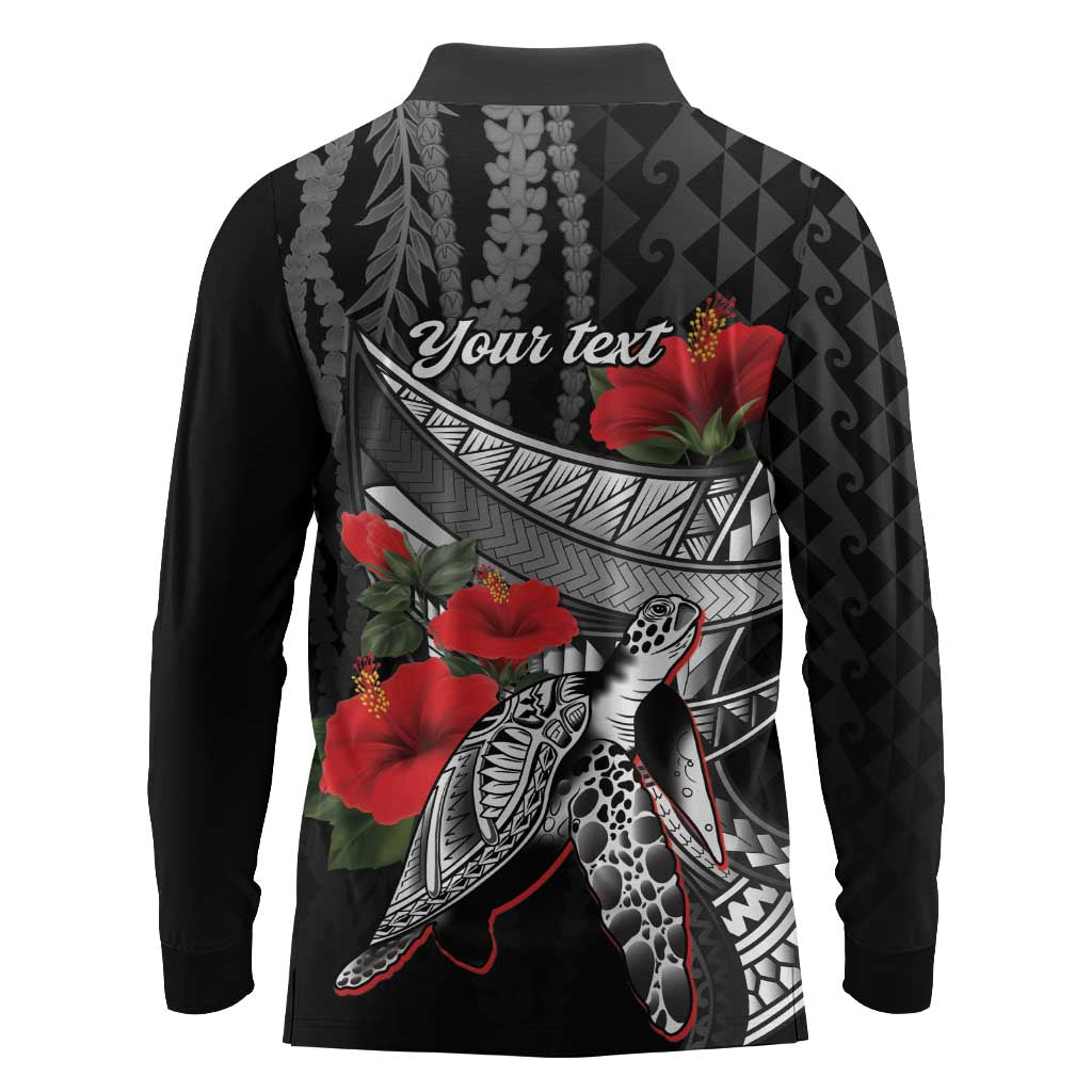 Hawaiian Honu Personalized Long Sleeve Polo Shirt Black Tribal Hook Pattern LT9 - Polynesian Pride