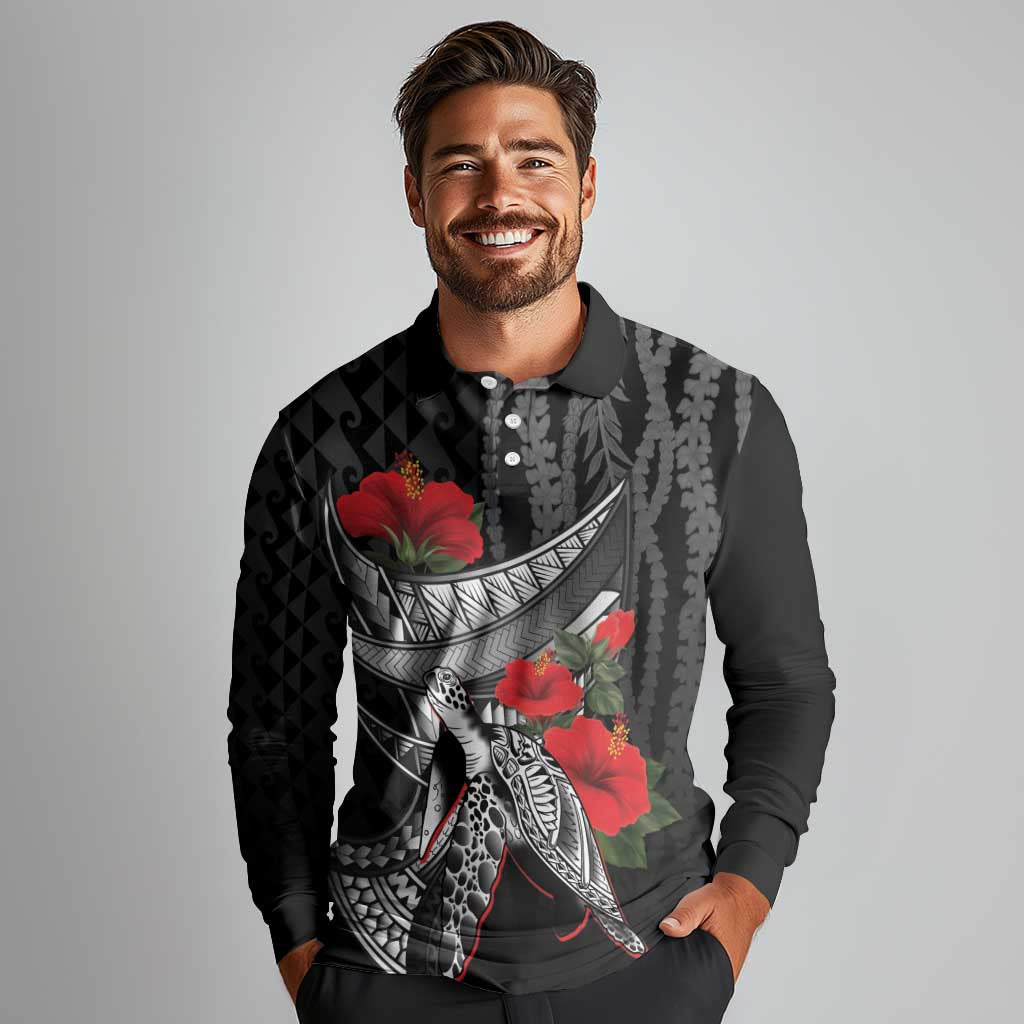 Hawaiian Honu Personalized Long Sleeve Polo Shirt Black Tribal Hook Pattern LT9 - Polynesian Pride