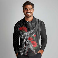 Hawaiian Honu Personalized Long Sleeve Polo Shirt Black Tribal Hook Pattern LT9 - Polynesian Pride