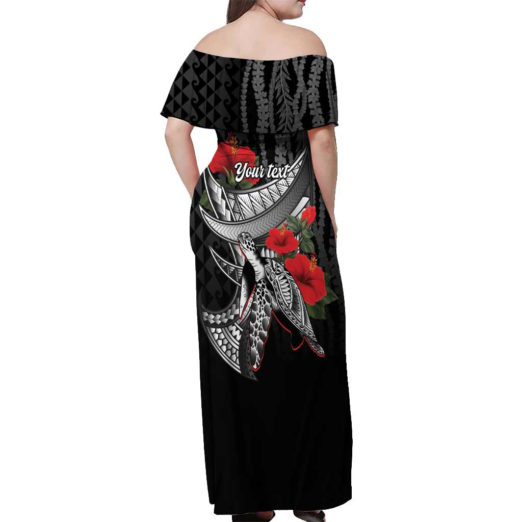 Hawaiian Honu Personalized Off Shoulder Maxi Dress Black Tribal Hook Pattern LT9 - Polynesian Pride