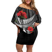 Hawaiian Honu Personalized Off Shoulder Short Dress Black Tribal Hook Pattern LT9 Women Black - Polynesian Pride